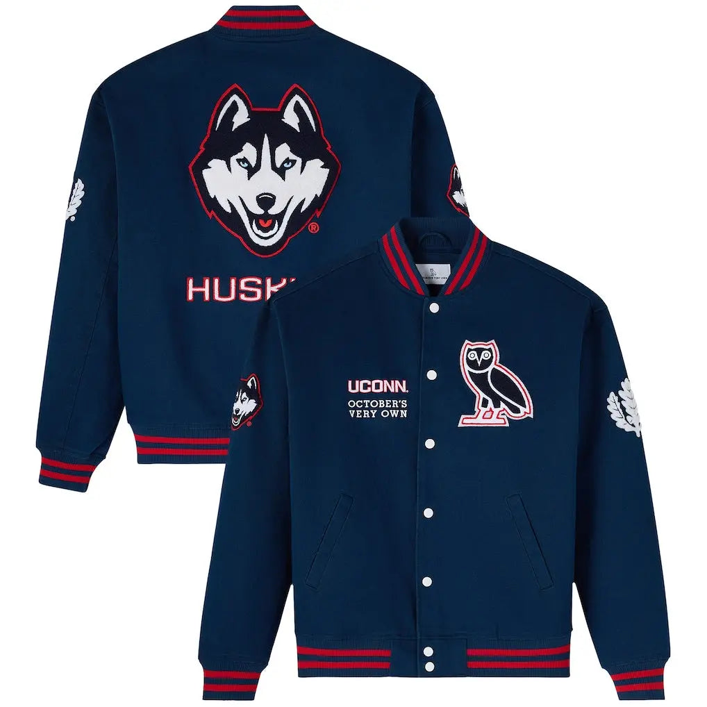 OVO x UConn Huskies Time To Shine Full-Snap Varsity Jacket - Navy - USA Jackets