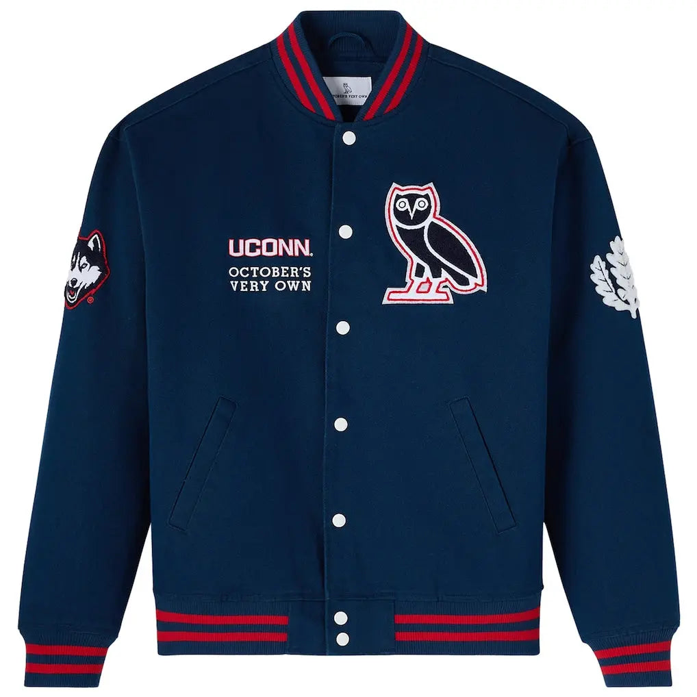 OVO x UConn Huskies Time To Shine Full-Snap Varsity Jacket - Navy - USA Jackets