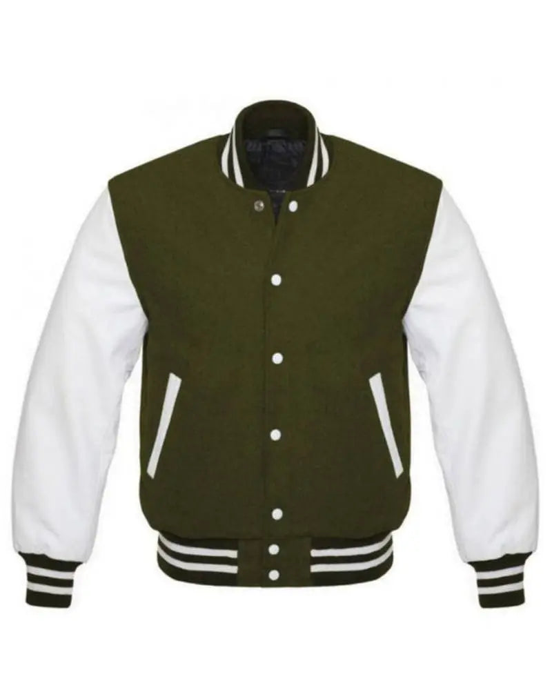 Olive Green And White Varsity Jacket USA Jackets