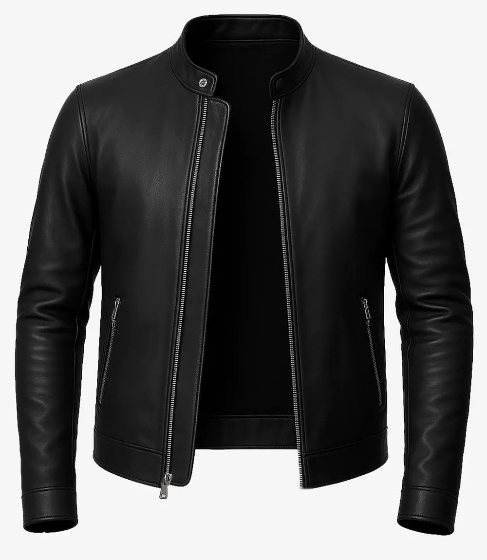 Owen Men's Black Real Leather Cafe Racer Jacket USA Jackets