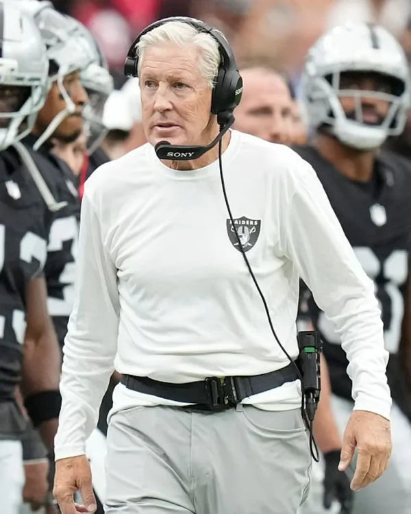 Pete Carroll NFL Preseason 2025 Raiders White Sweatshirt USA Jackets