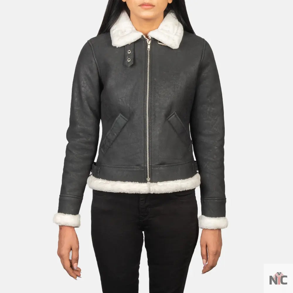 Sherilyn B-3 Black & White Leather Bomber Jacket USA Jackets