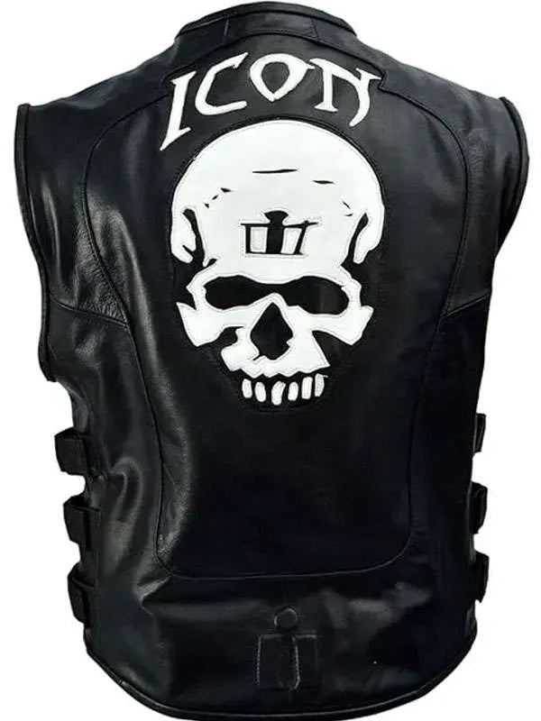Skull Icon Black Leather Vest USA Jackets