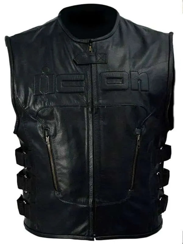 Skull Icon Black Leather Vest USA Jackets