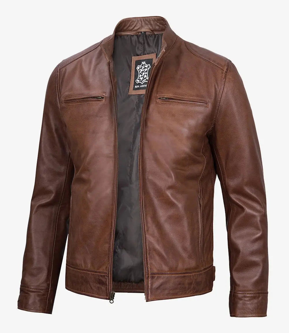 Tall Men's Cognac Brown Cafe Racer Leather Jacket USA Jackets