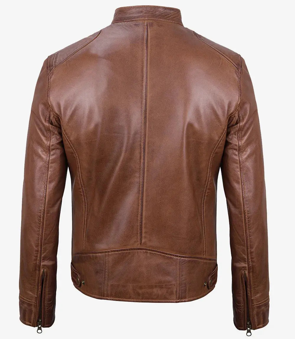 Tall Men's Cognac Brown Cafe Racer Leather Jacket USA Jackets