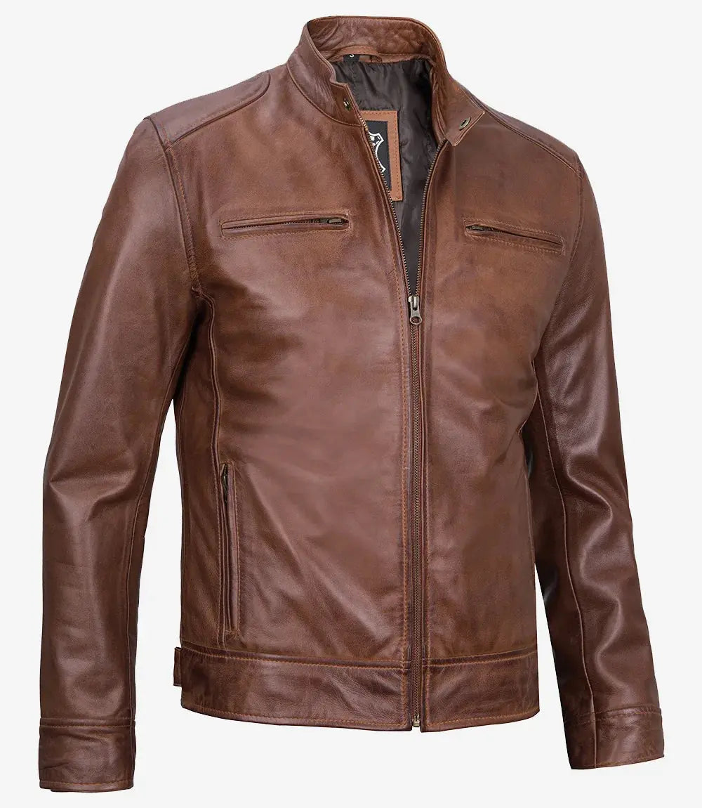 Tall Men's Cognac Brown Cafe Racer Leather Jacket USA Jackets
