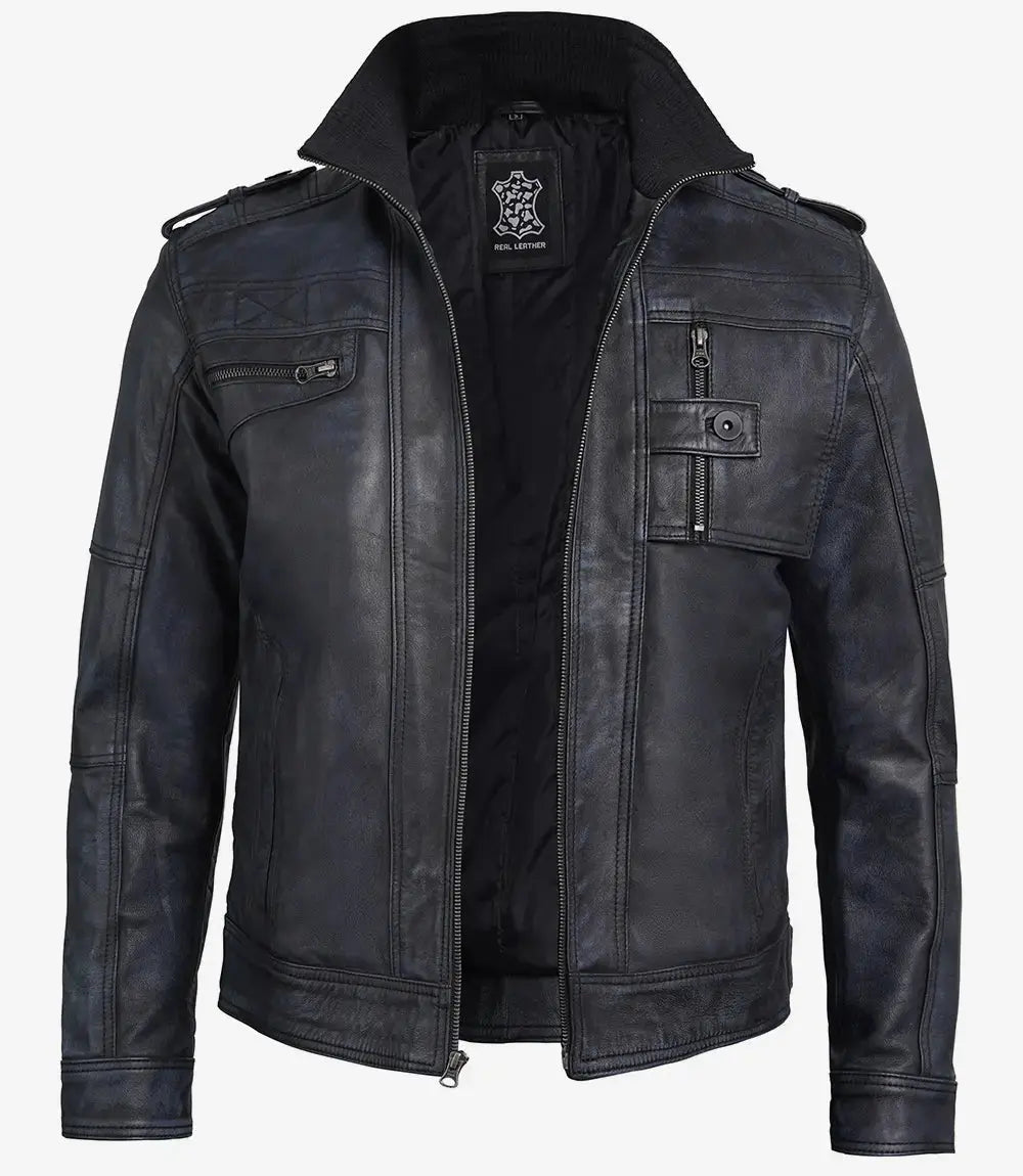 Tavares Men's Waxed Black Leather Biker Jacket USA Jackets