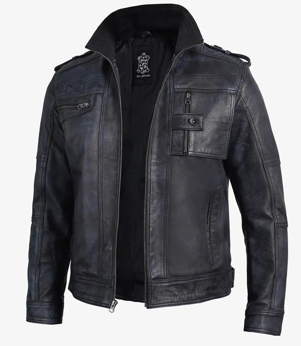 Tavares Men's Waxed Black Leather Biker Jacket USA Jackets