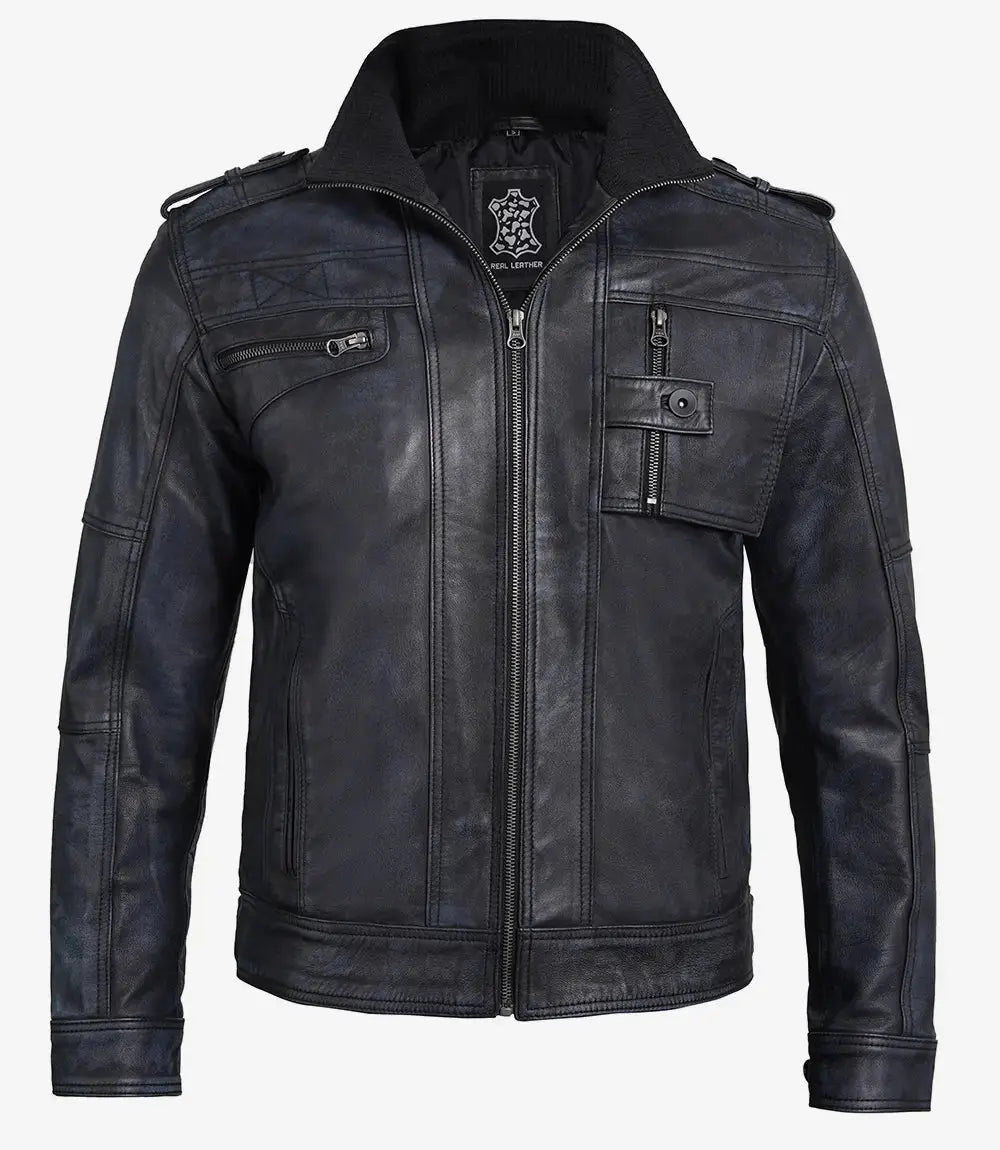 Tavares Men's Waxed Black Leather Biker Jacket USA Jackets