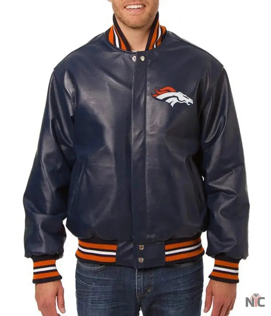 Varsity Denver Broncos Navy Blue Leather Jacket USA Jackets