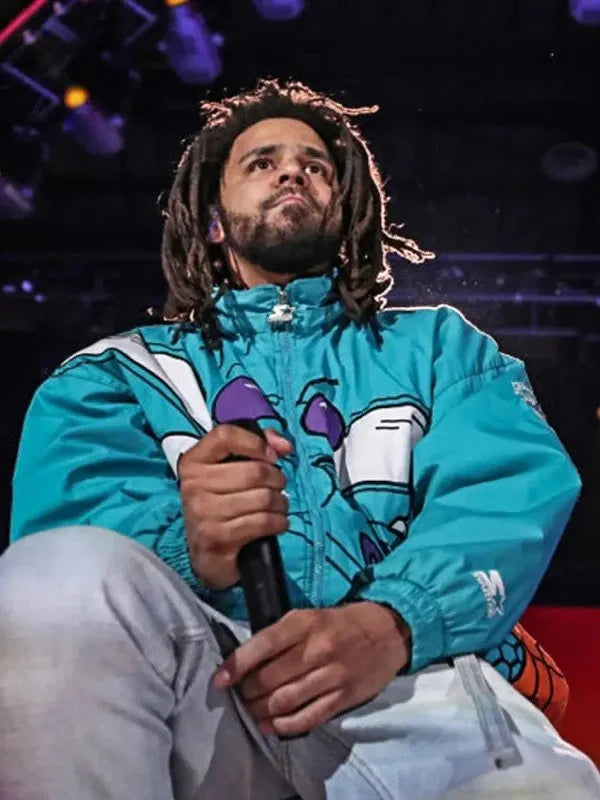 J. Cole 90s Char­lotte Hor­nets Blue Hooded Jack­et USA Jackets