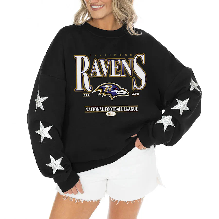 Women's Baltimore Ravens Gameday Couture Black Rhinestone Star Sleeve Settle the Score Oversized Tri-Blend Pullover USA Jackets