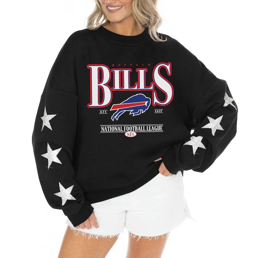 Women's Buffalo Bills Gameday Couture Black Rhinestone Star Sleeve Settle the Score Oversized Tri-Blend Pullover USA Jackets