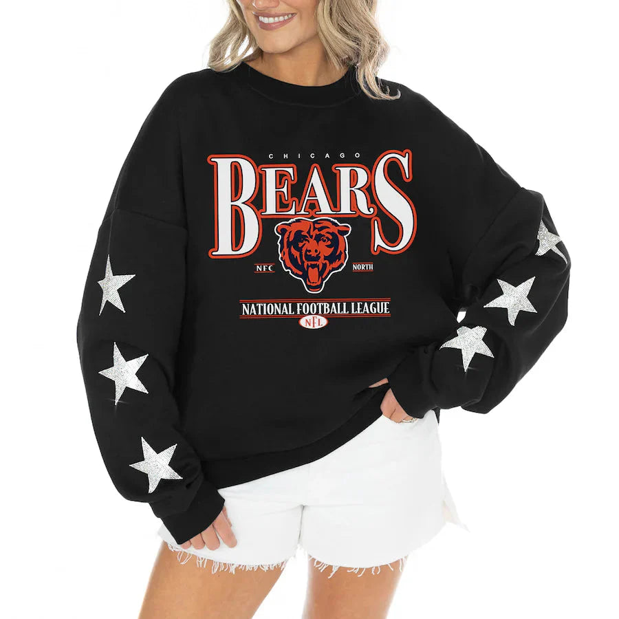 Women's Chicago Bears Gameday Couture Black Rhinestone Star Sleeve Settle the Score Oversized Tri-Blend Pullover USA Jackets