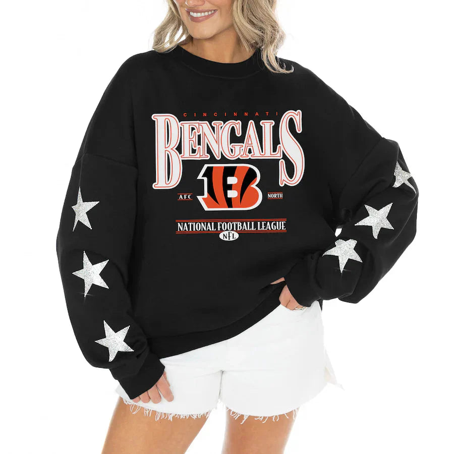 Women's Cincinnati Bengals Gameday Couture Black Rhinestone Star Sleeve Settle the Score Oversized Tri-Blend Pullover USA Jackets
