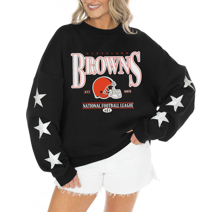 Women's Cleveland Browns Gameday Couture Black Rhinestone Star Sleeve Settle the Score Oversized Tri-Blend Pullover USA Jackets