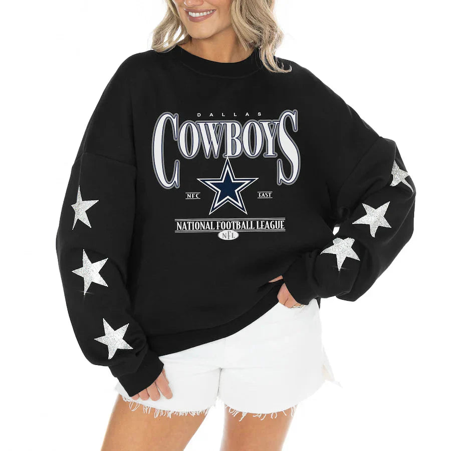 Women's Dallas Cowboys Gameday Couture Black Rhinestone Star Sleeve Settle the Score Oversized Tri-Blend Pullover USA Jackets