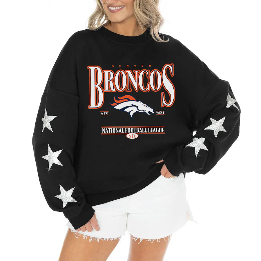Women's Denver Broncos Gameday Couture Black Rhinestone Star Sleeve Settle the Score Oversized Tri-Blend Pullover USA Jackets