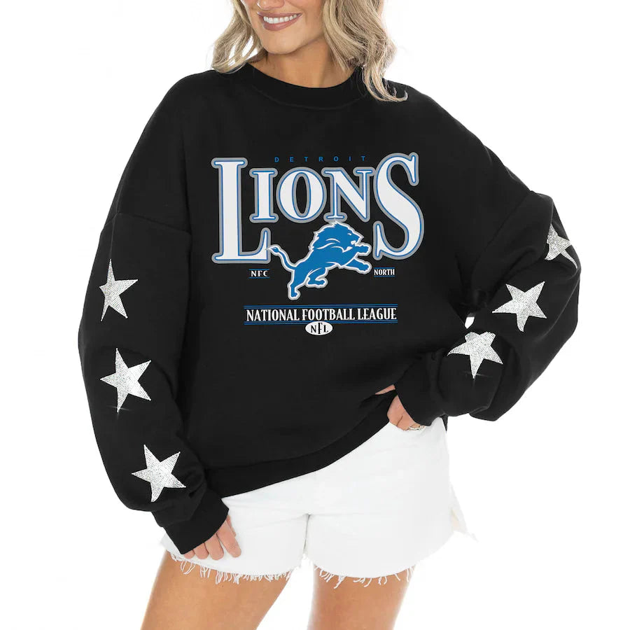 Women's Detroit Lions Gameday Couture Black Rhinestone Star Sleeve Settle the Score Oversized Tri-Blend Pullover USA Jackets