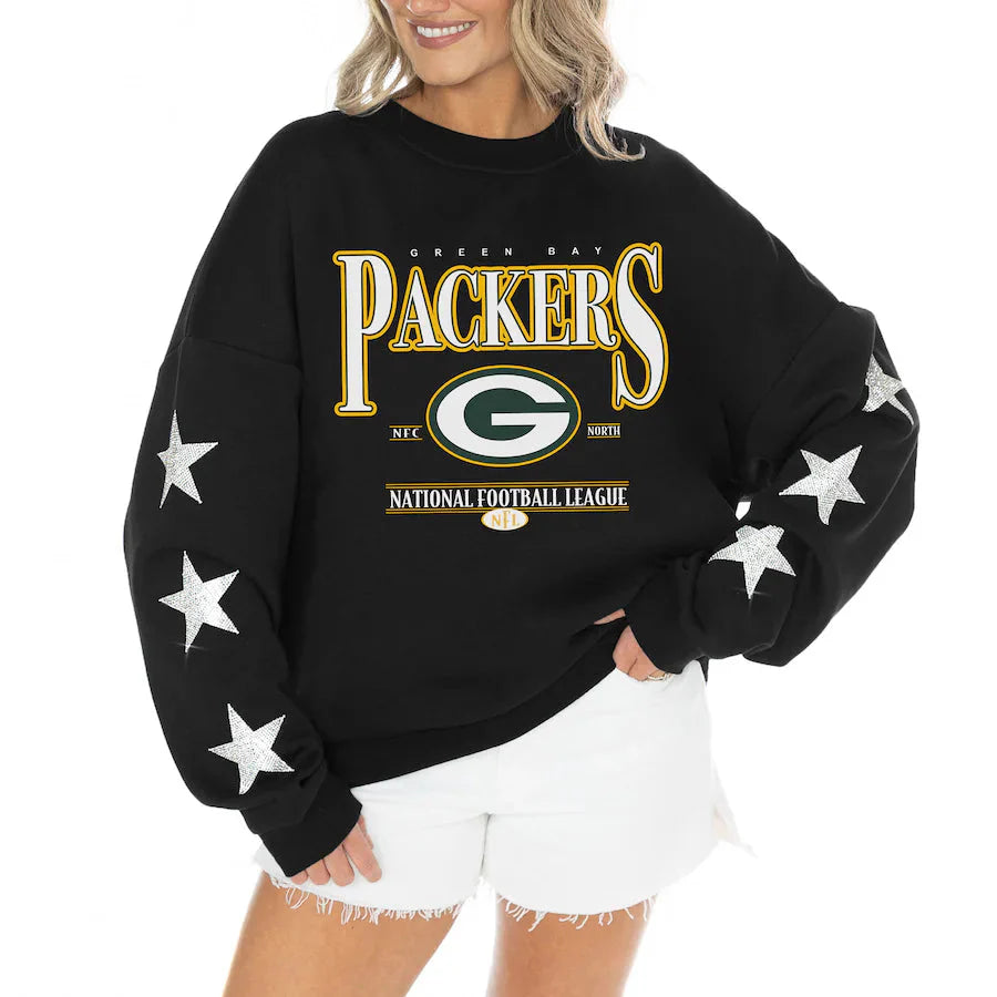 Women's Green Bay Packers Gameday Couture Black Rhinestone Star Sleeve Settle the Score Oversized Tri-Blend Pullover USA Jackets