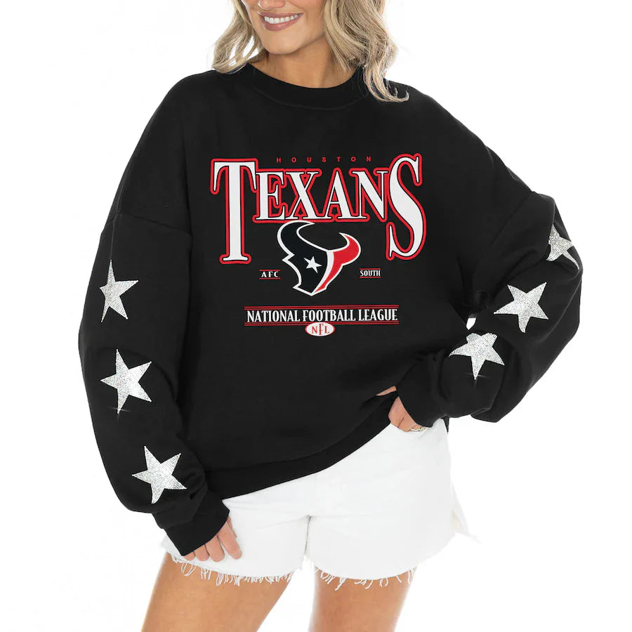 Women's Houston Texans Gameday Couture Black Rhinestone Star Sleeve Settle the Score Oversized Tri-Blend Pullover USA Jackets