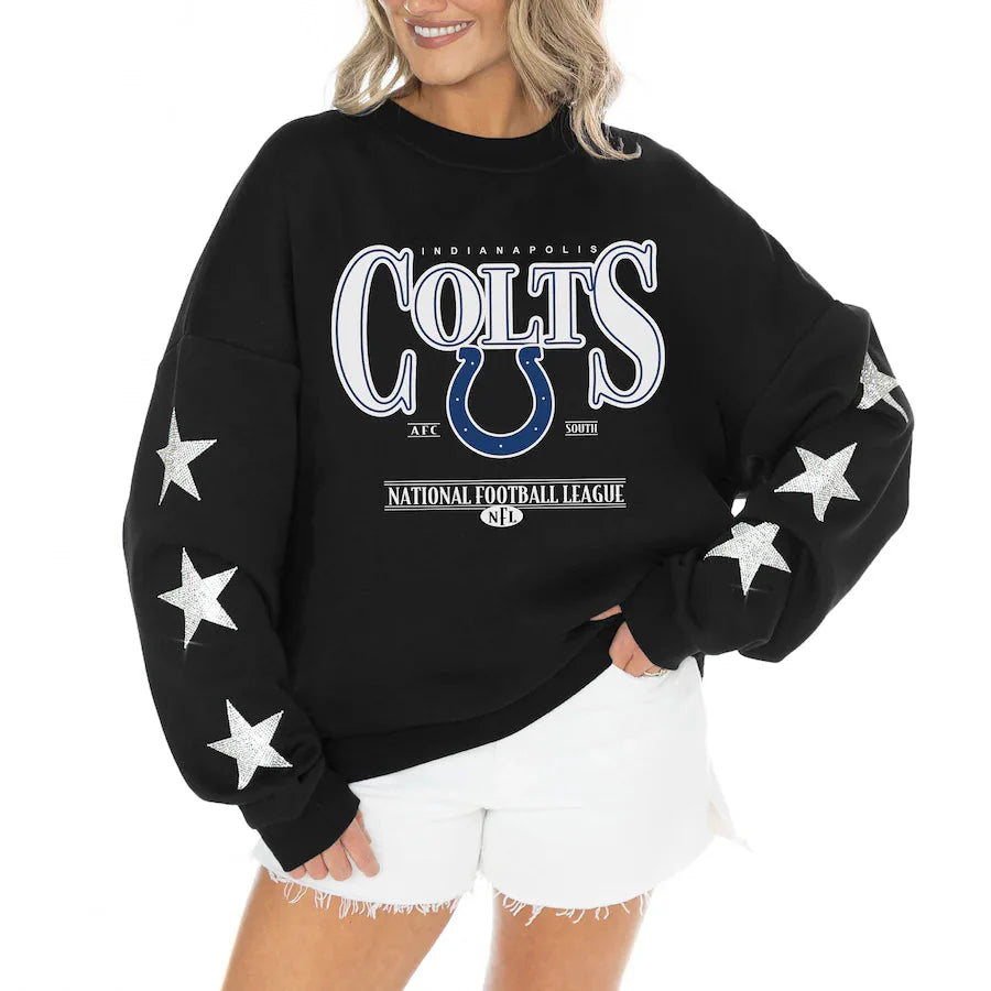 Women's Indianapolis Colts Gameday Couture Black Rhinestone Star Sleeve Settle the Score Oversized Tri-Blend Pullover USA Jackets
