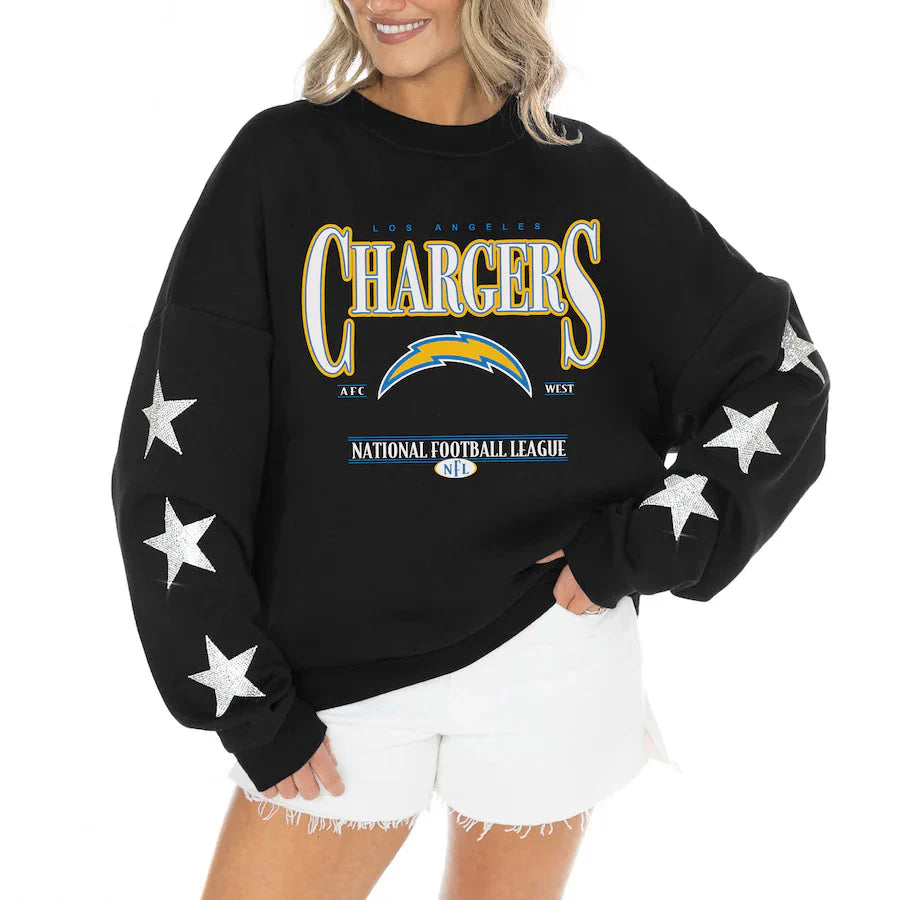 Women's Los Angeles Chargers Gameday Couture Black Rhinestone Star Sleeve Settle the Score Oversized Tri-Blend Pullover USA Jackets