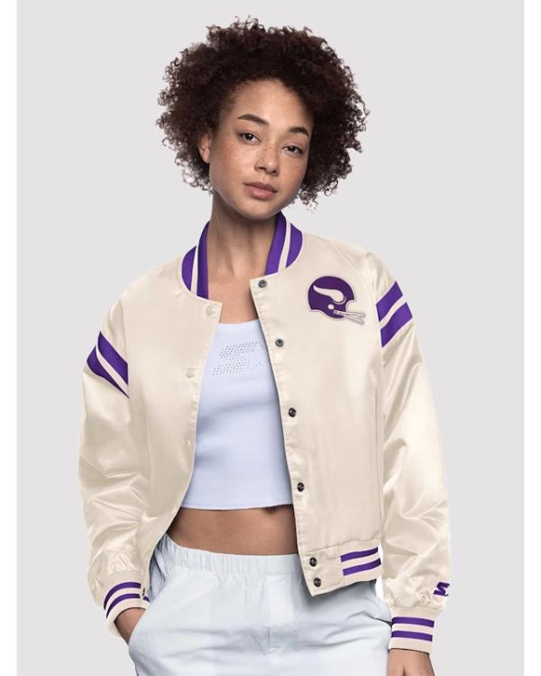Women’s Minnesota Vikings Full-Snap Cream Satin Jacket USA Jackets