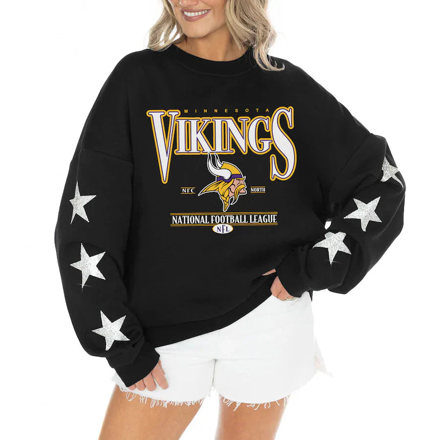 Women's Minnesota Vikings Gameday Couture Black Rhinestone Star Sleeve Settle the Score Oversized Tri-Blend Pullover USA Jackets