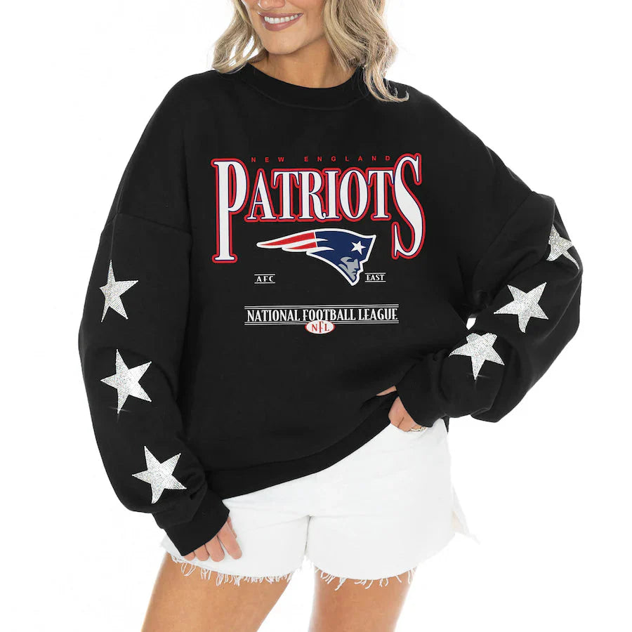 Women's New England Patriots Gameday Couture Black Rhinestone Star Sleeve Settle the Score Oversized Tri-Blend Pullover USA Jackets