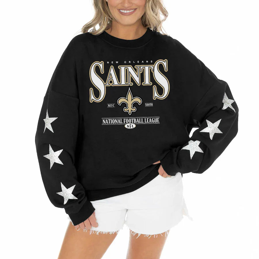 Women's New Orleans Saints Gameday Couture Black Rhinestone Star Sleeve Settle the Score Oversized Pullover Sweatshirt USA Jackets