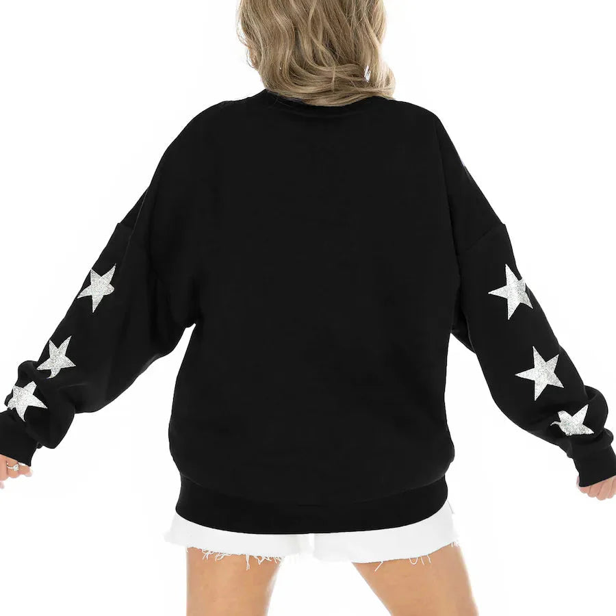 Women's New Orleans Saints Gameday Couture Black Rhinestone Star Sleeve Settle the Score Oversized Pullover Sweatshirt USA Jackets