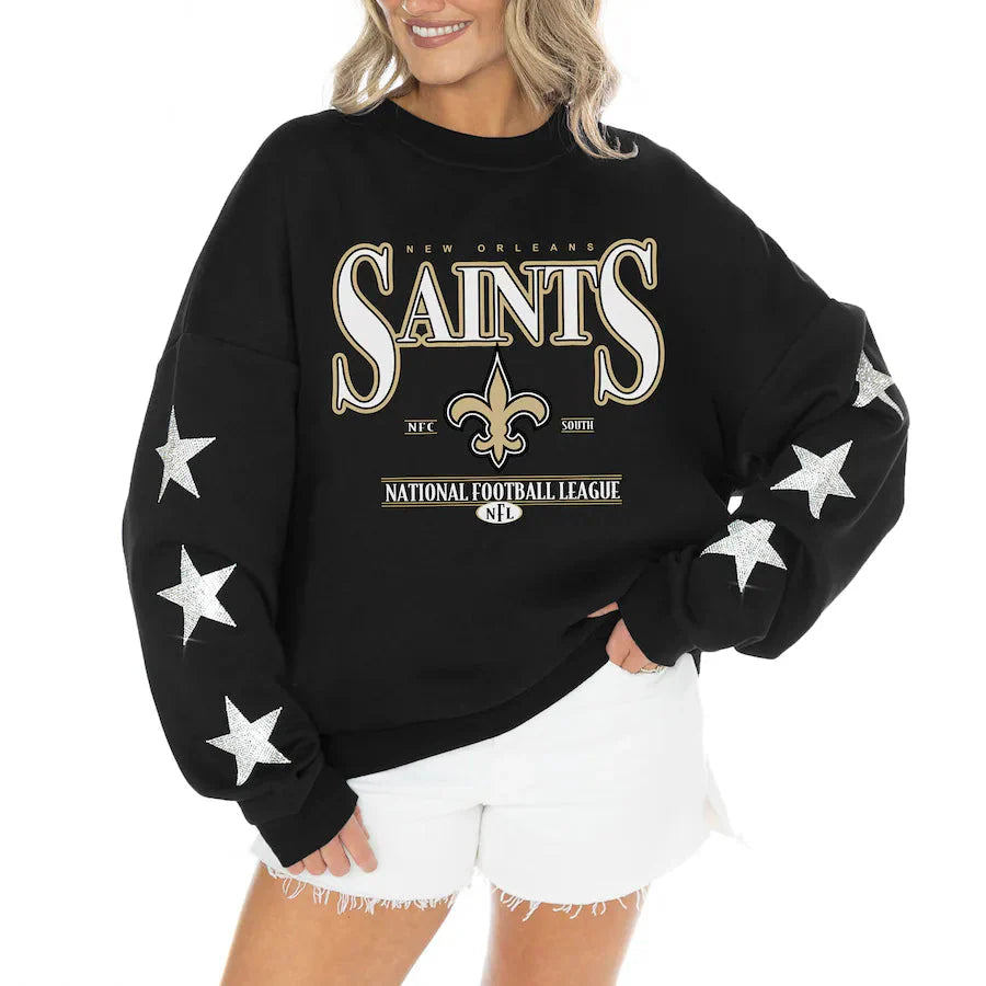 Women's New Orleans Saints Gameday Couture Black Rhinestone Star Sleeve Settle the Score Oversized Tri-Blend Pullover USA Jackets