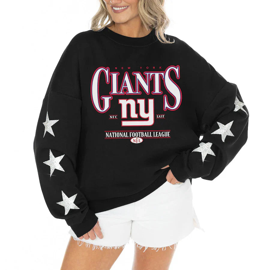Women's New York Giants Gameday Couture Black Rhinestone Star Sleeve Settle the Score Oversized Tri-Blend Pullover USA Jackets
