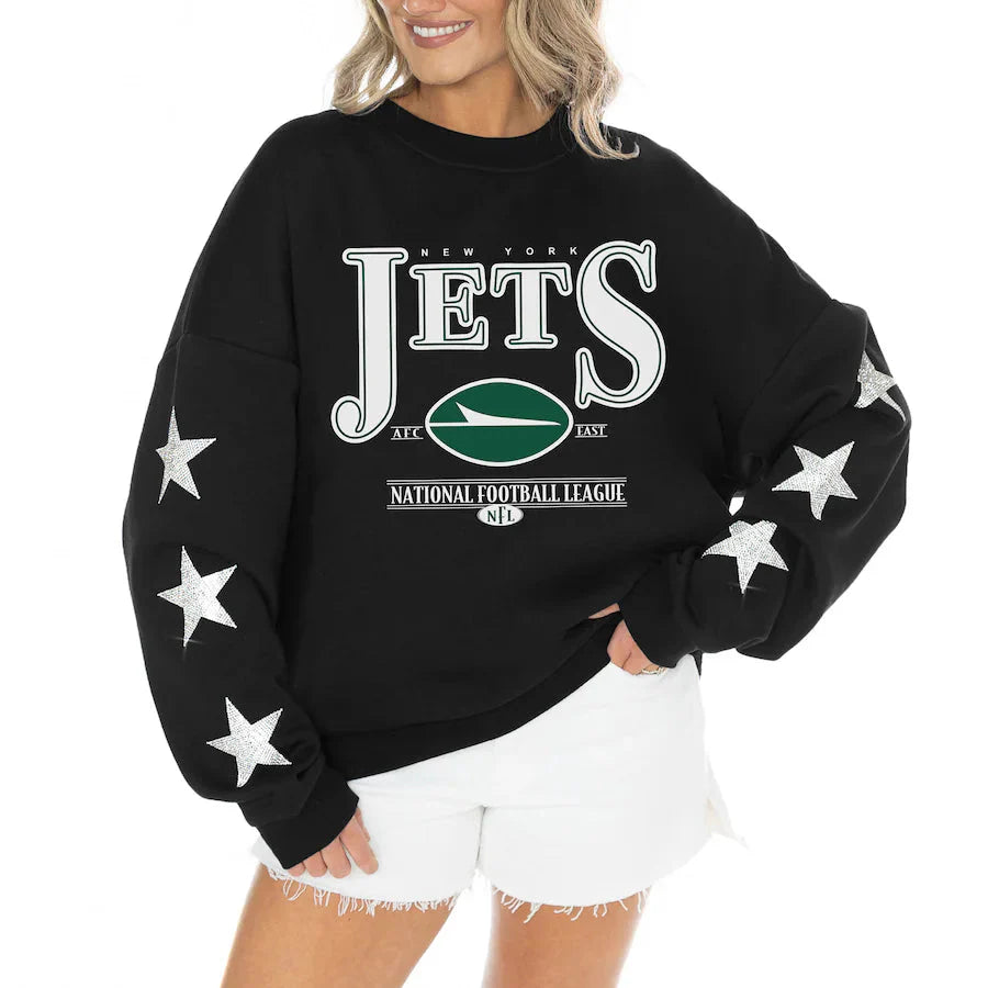Women's New York Jets Gameday Couture Black Rhinestone Star Sleeve Settle the Score Oversized Tri-Blend Pullover USA Jackets