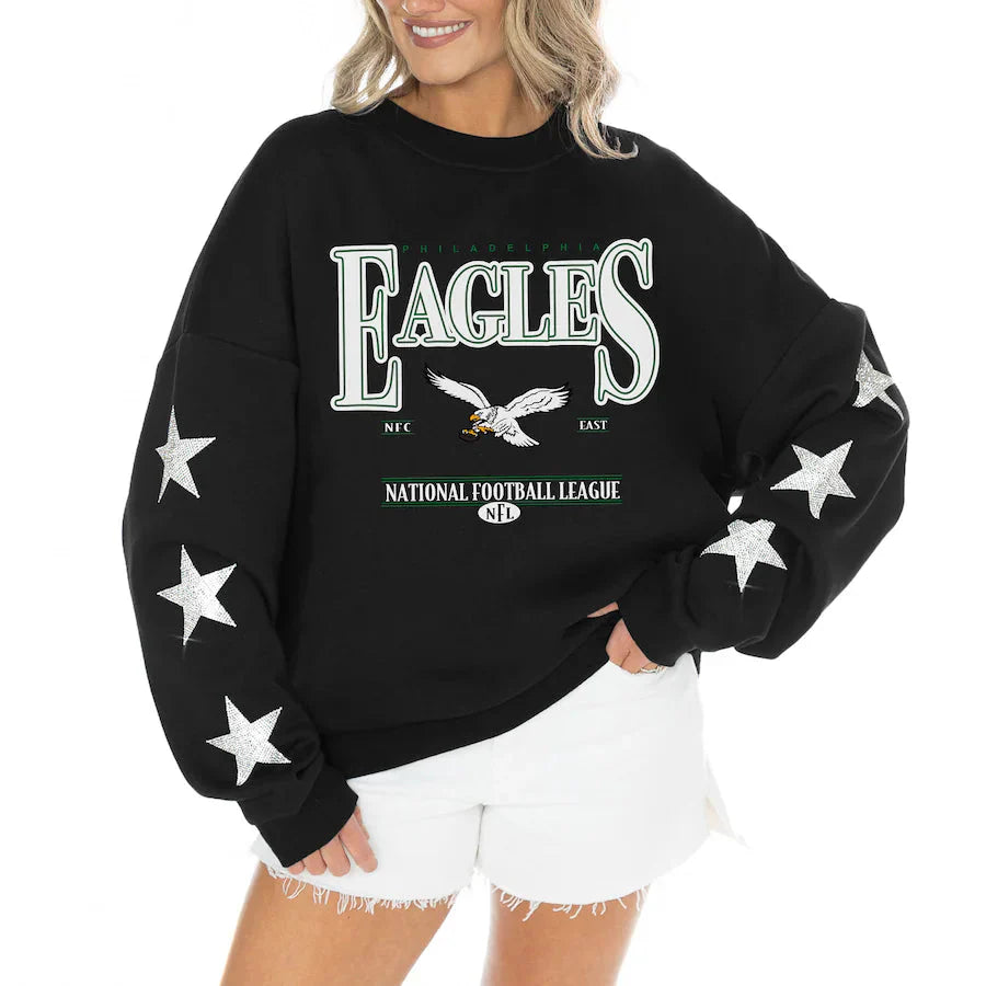 Women's Philadelphia Eagles Gameday Couture Black Rhinestone Star Sleeve Settle the Score Oversized Tri-Blend Pullover USA Jackets