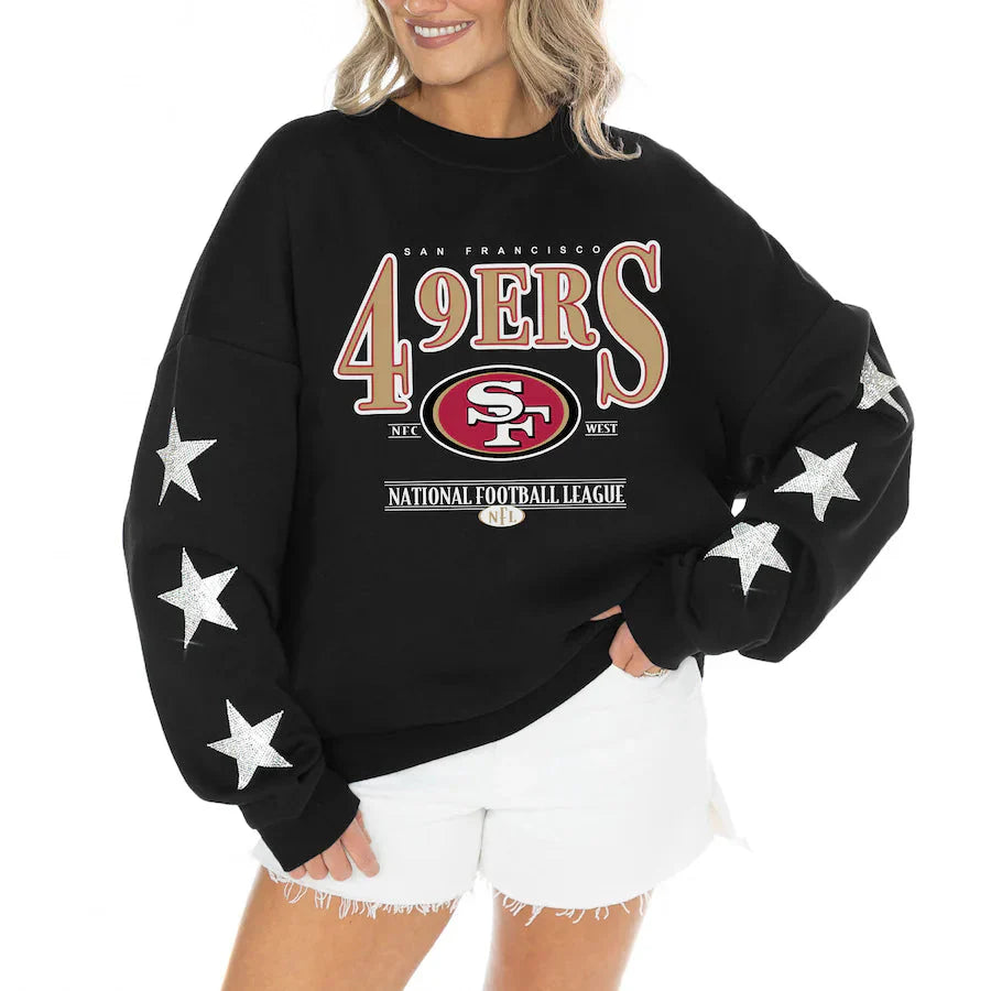 Women's San Francisco 49ers Gameday Couture Black Rhinestone Star Sleeve Settle the Score Oversized Tri-Blend Pullover USA Jackets