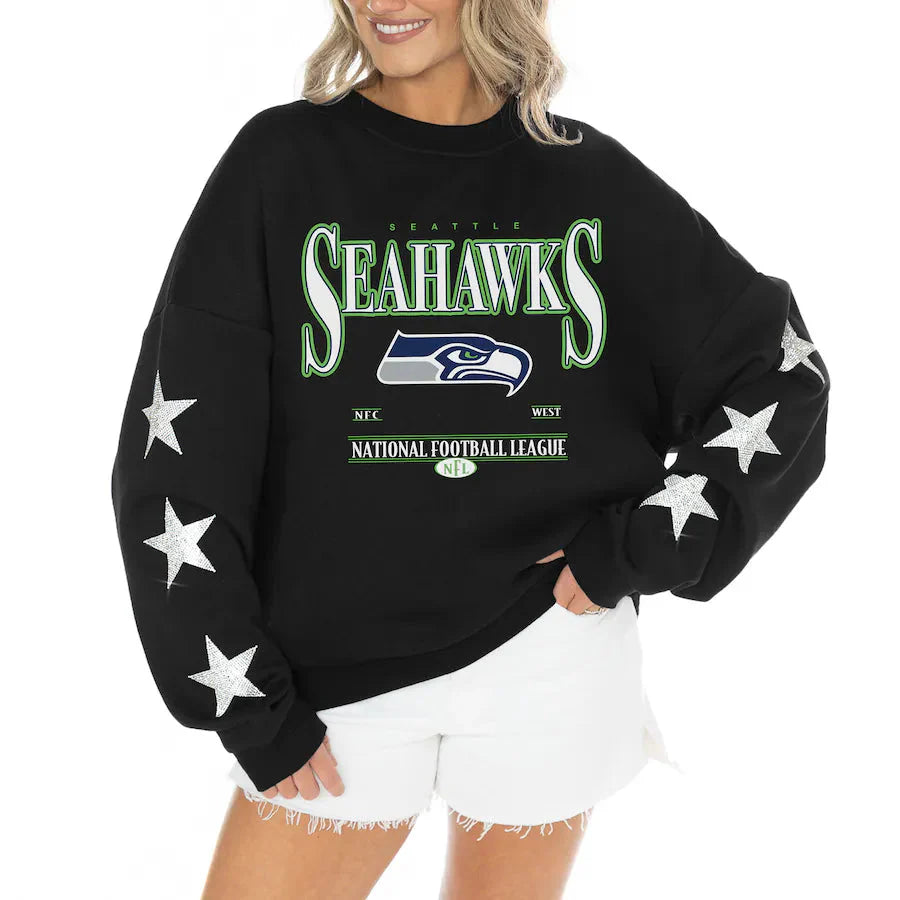 Women's Seattle Seahawks Gameday Couture Black Rhinestone Star Sleeve Settle the Score Oversized Tri-Blend Pullover USA Jackets