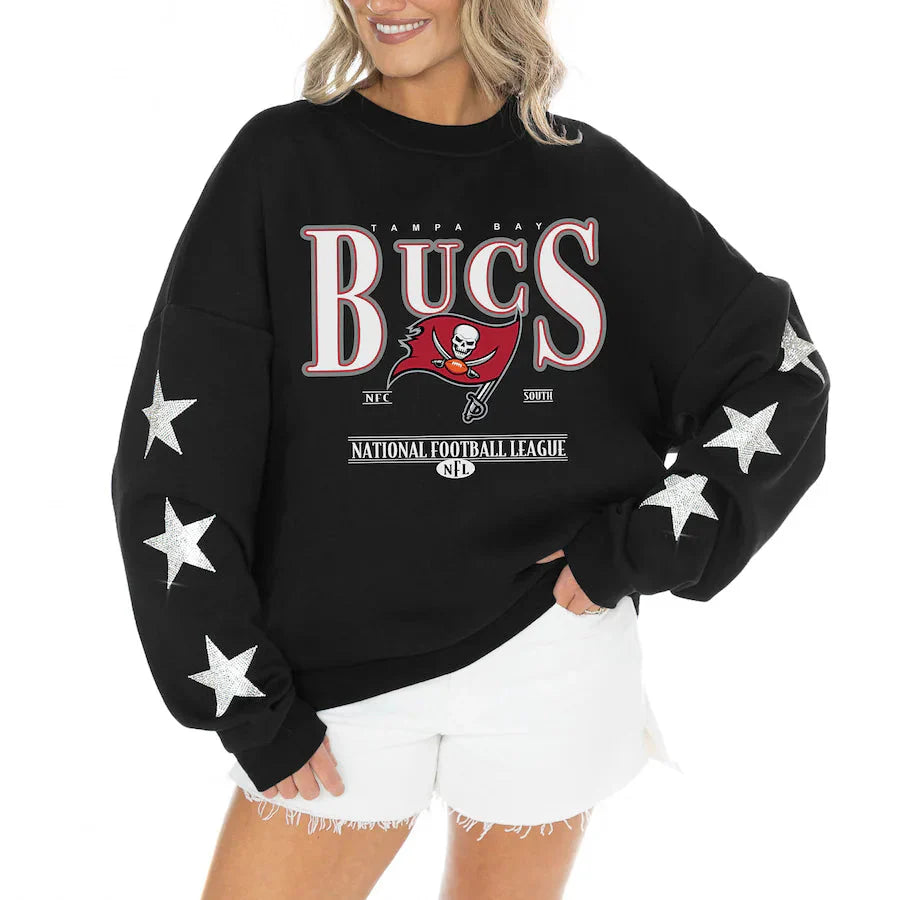 Women's Tampa Bay Buccaneers Gameday Couture Black Rhinestone Star Sleeve Settle the Score Oversized Tri-Blend Pullover USA Jackets