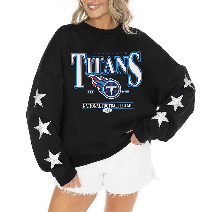 Women's Tennessee Titans Gameday Couture Black Rhinestone Star Sleeve Settle the Score Oversized Tri-Blend Pullover USA Jackets