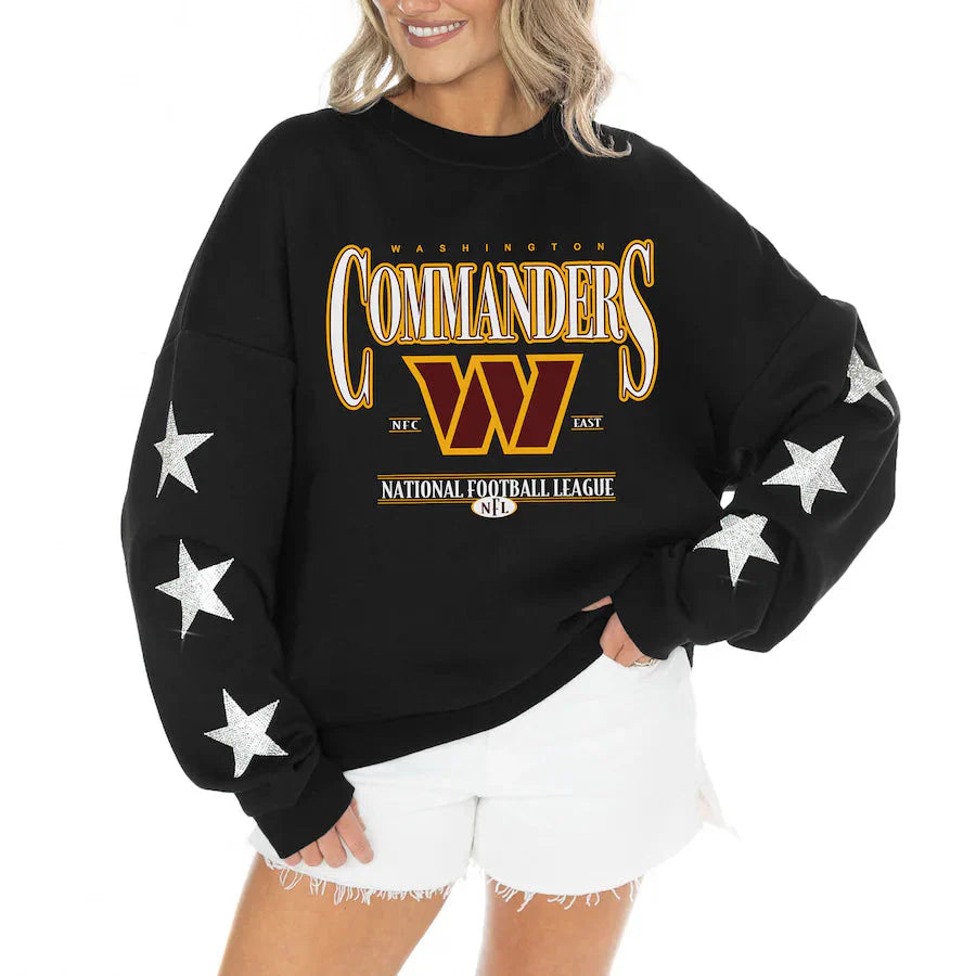 Women's Washington Commanders Gameday Couture Black Rhinestone Star Sleeve Settle the Score Oversized Tri-Blend Pullover USA Jackets
