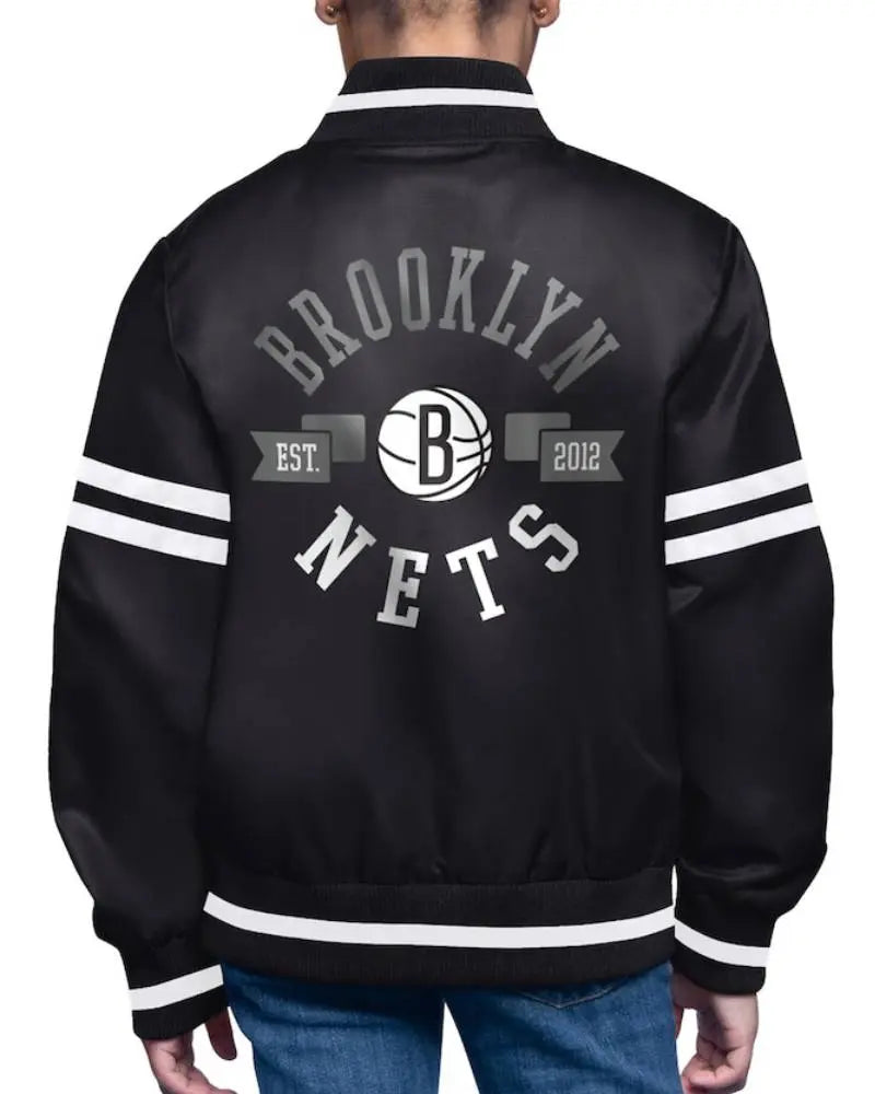 Youth Brooklyn Nets Starter Black Printed Logo Varsity Satin Full-Snap Jacket USA Jackets